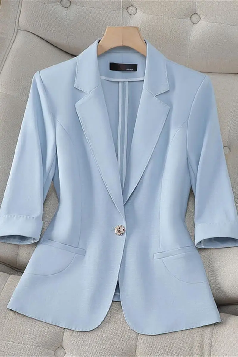 

​​2025 Sky Blue Cropped Blazer Women's Three Quarter Sleeve Slim Fit Jacket Spring Summer Chic Petite Suit​​