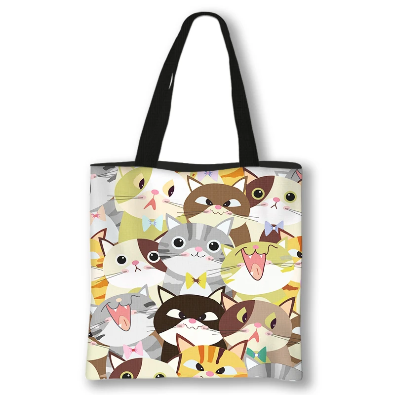 Kawaii Cartoon Dog Cat Totes Bag Puppy Kitten Canvas Shoulder Bag Harajuku Women Handbag Foldable Large Capacity Shopping Bags