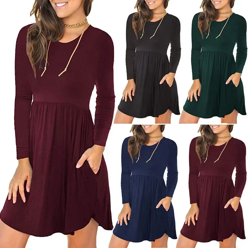 Women's S-2XL size Autumn New Round Neck Long Sleeve Pocket Elastic Waist Solid Color Dress dress for women