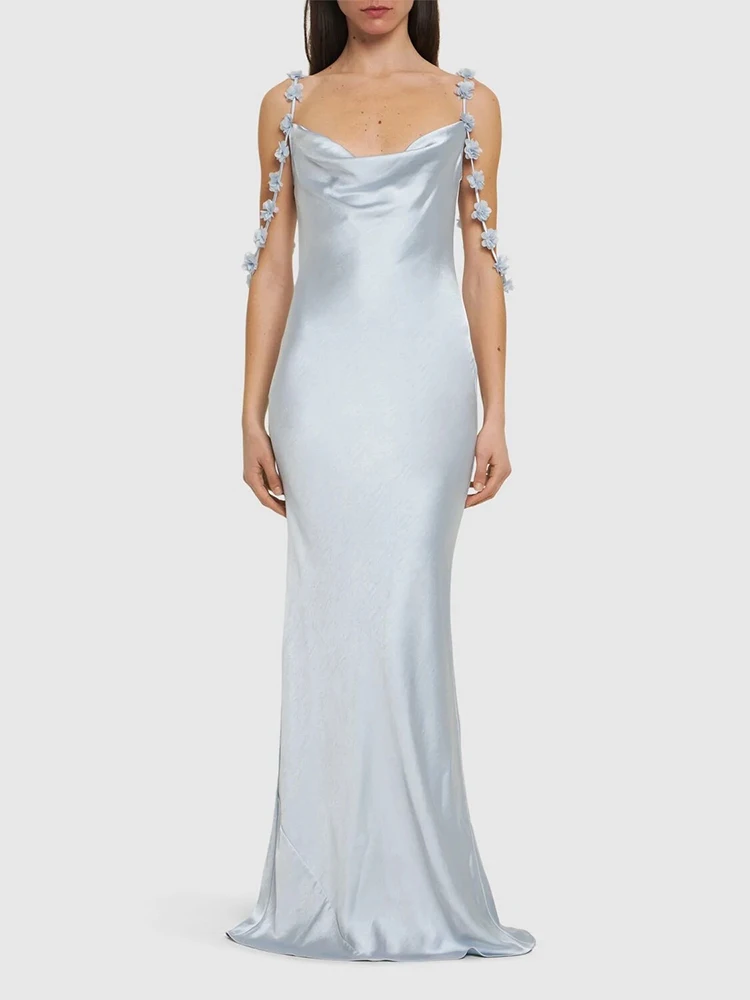 

Stereoscopic Floral Straps Long Dresses Premium Sexy Elegant Satin Waist Slim Banquet Dresses 2024 Women Summer New