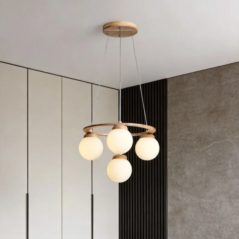 Wood LED Pendant Light, Modern Ring Glass Ball Hanging Lamp for Dining Room Living Room