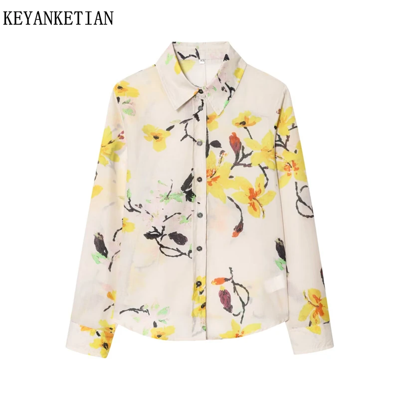 

KEYANKETIAN 2025 Autumn New Women's Flower Print Thin Shirt Top Retro style Single Breasted Turn Down Collar Long Sleeve Blouses