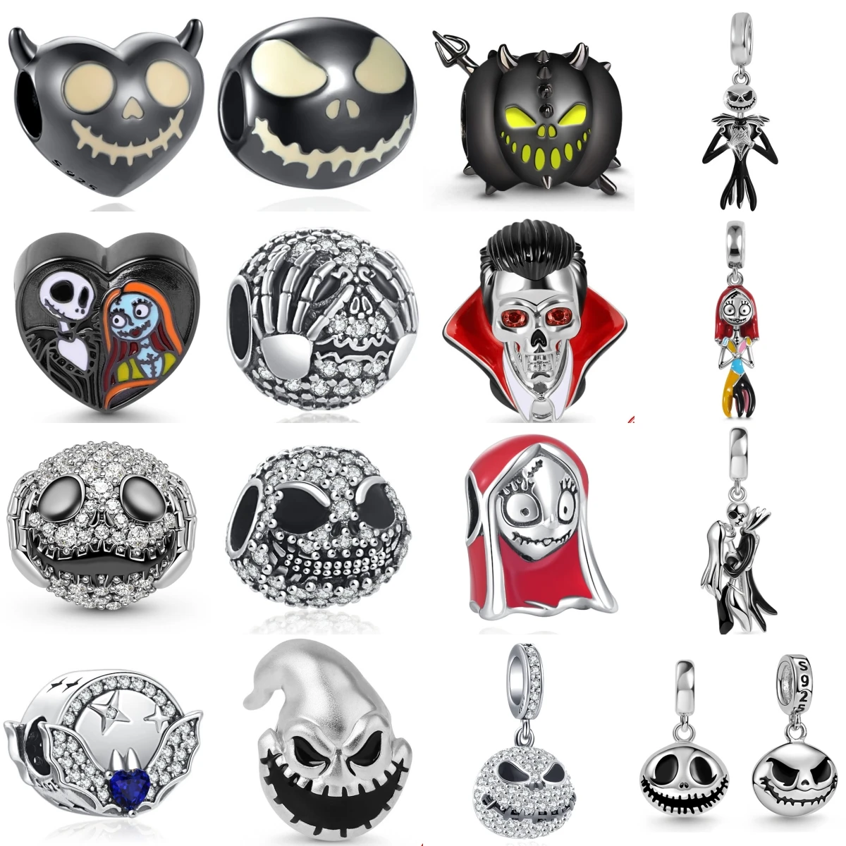 

Подвески-шармы из стерлингового серебра 925 пробы: готический череп, мультяшные персонажи, для европейских браслетов, подарок на Хэллоуин