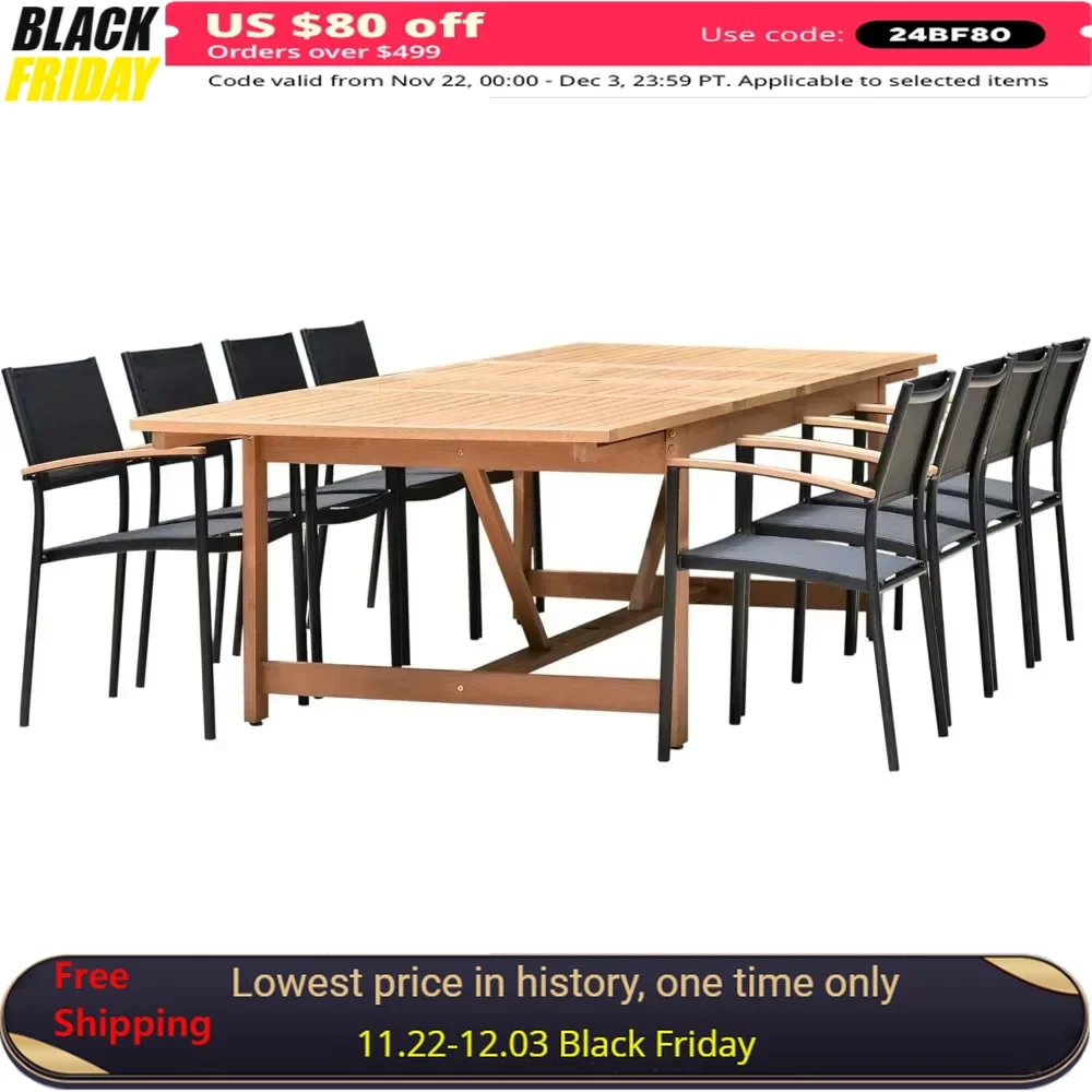 

9Piece Patio Dining Set, Table and Sling Black Chairs| Durable, Ideal for Outdoors,Light Brown-Teak Finish,Garden Furniture Sets