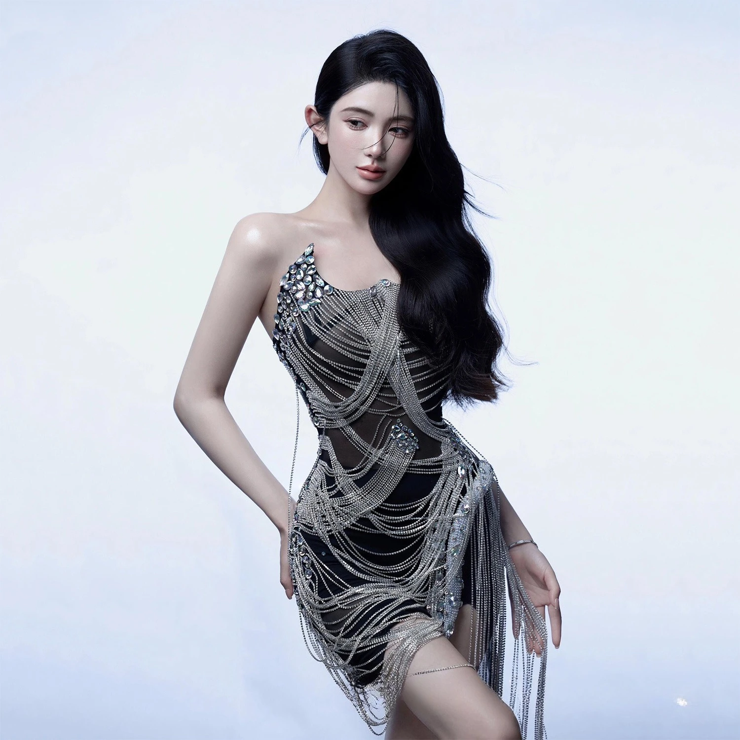 Fantasy Sparkly Rhinestone Fringe Dress Women Sexy Birthday Wedding Party Prom Drag Queen Costume Outfit Stage Wear Festival