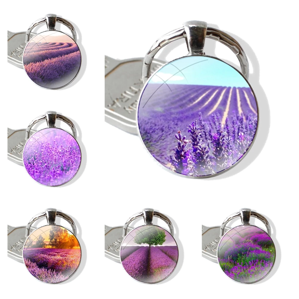 lavender Purple flowers Keychain Handmade Glass Cabochon Key Ring Holder Pendant Key Chains