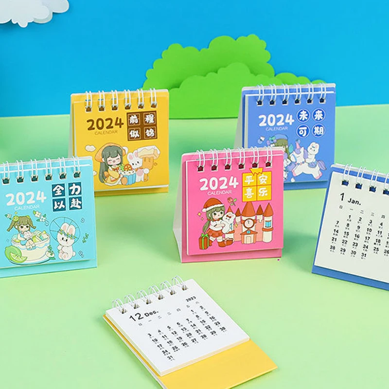 2024 Mini calendario da tavolo Cute Cartoon Girls Rabbits Desktop Note Multi Style Coil Calendar accessori per la scuola dell'ufficio