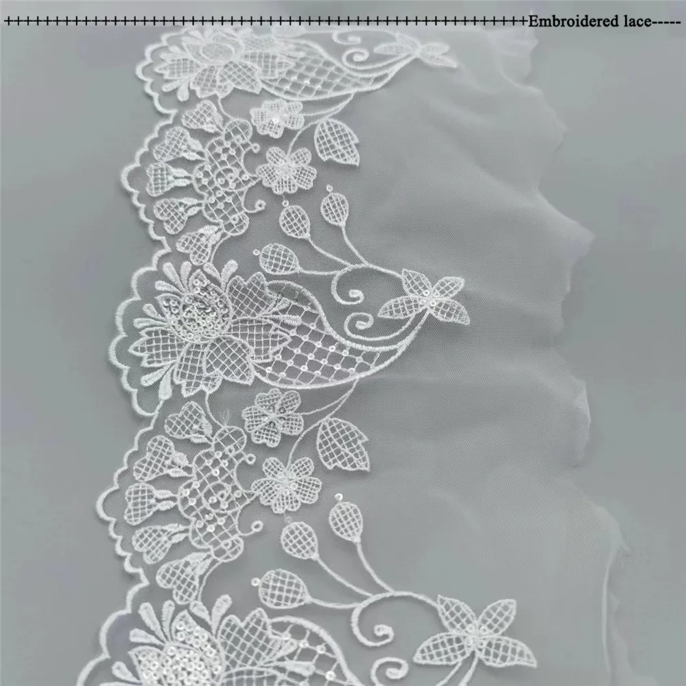 White Tulle Lace Sewing For Wedding Bridal Embroidered Sequins Flowers Lace in Organza Fabric