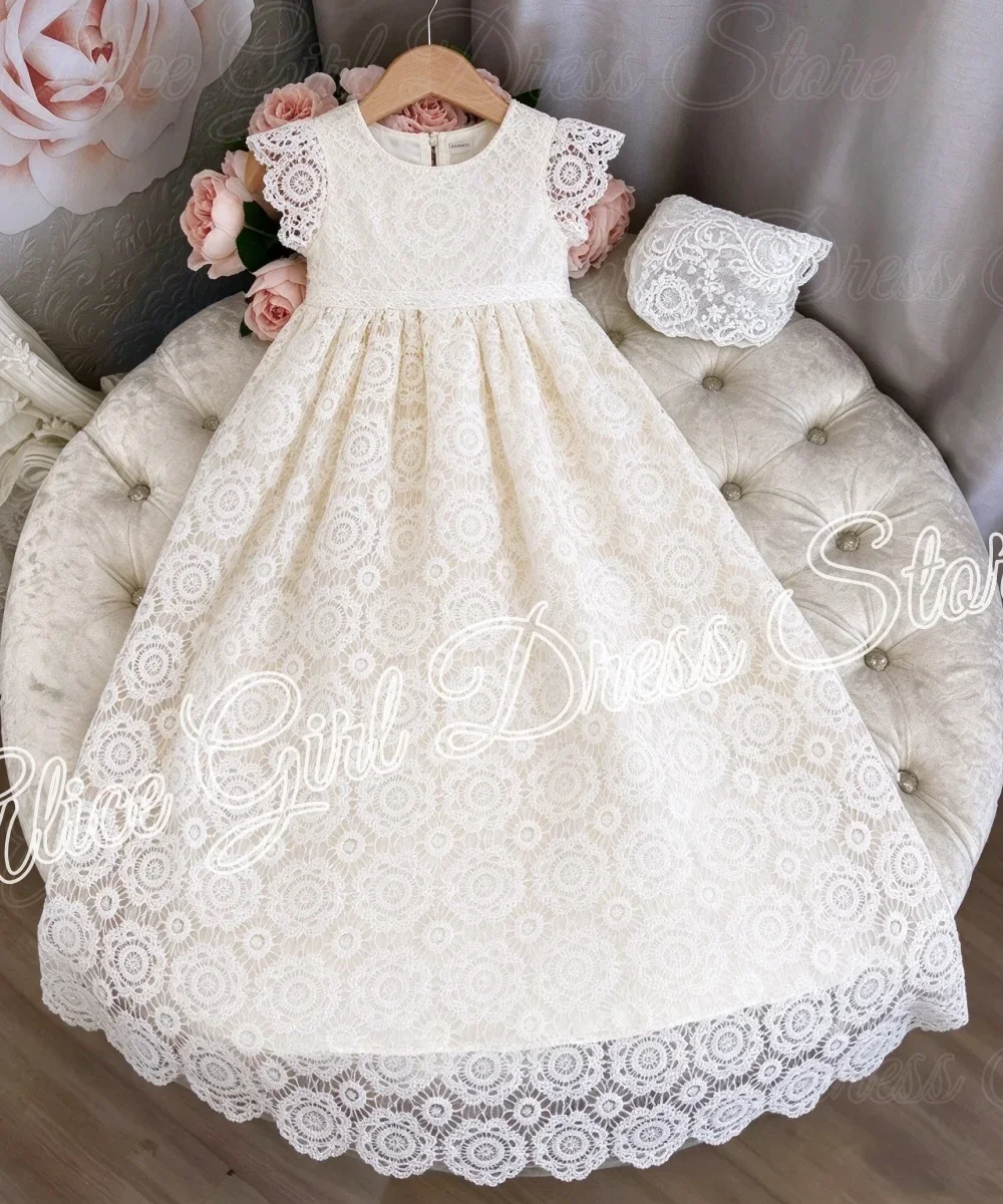 Customized Milk Lace Flower Girl Dresses for Wedding Long Length Newborn Baby Girl First Communion Gowns Birthday Party Gowns