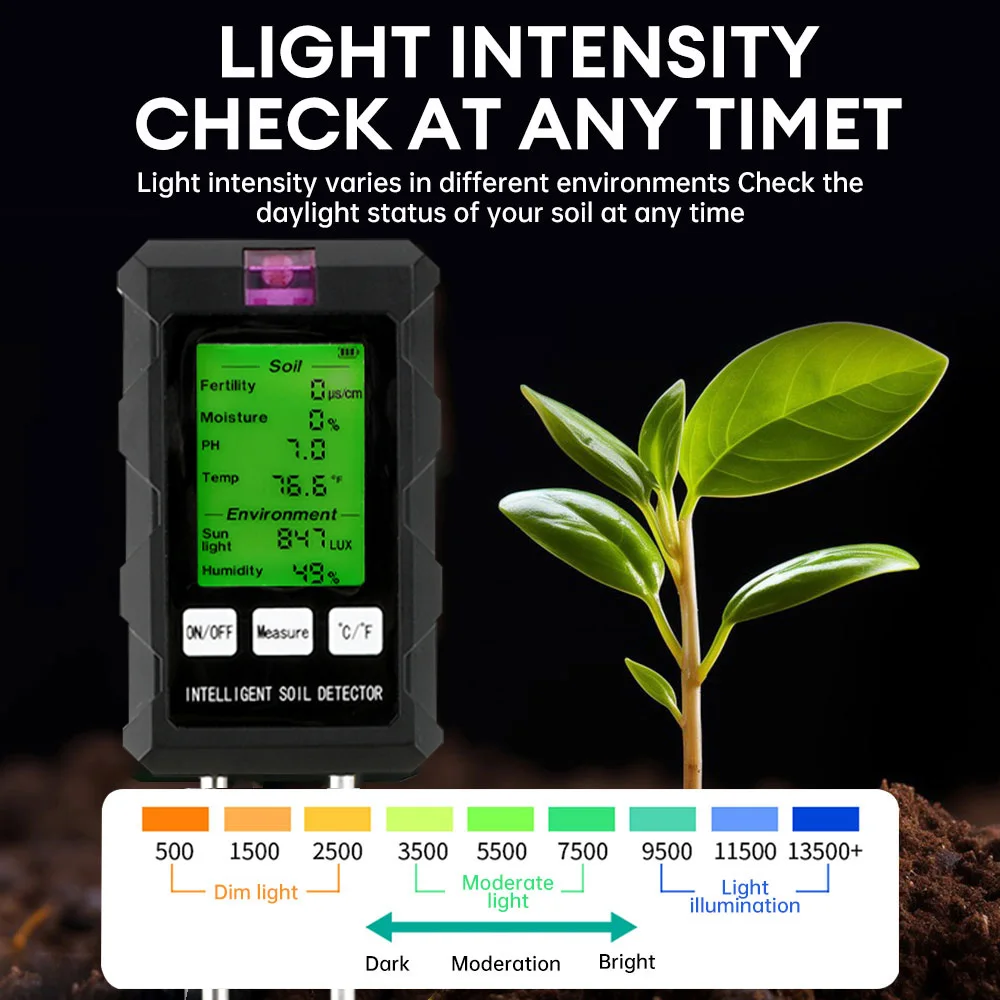 6-in-1 Soil Tester Meter Soil Fertility PH Moisture Light Temperature Detector Dual ℃/℉ Backlight Screen for Garden Farm Greenhouse Plant Care