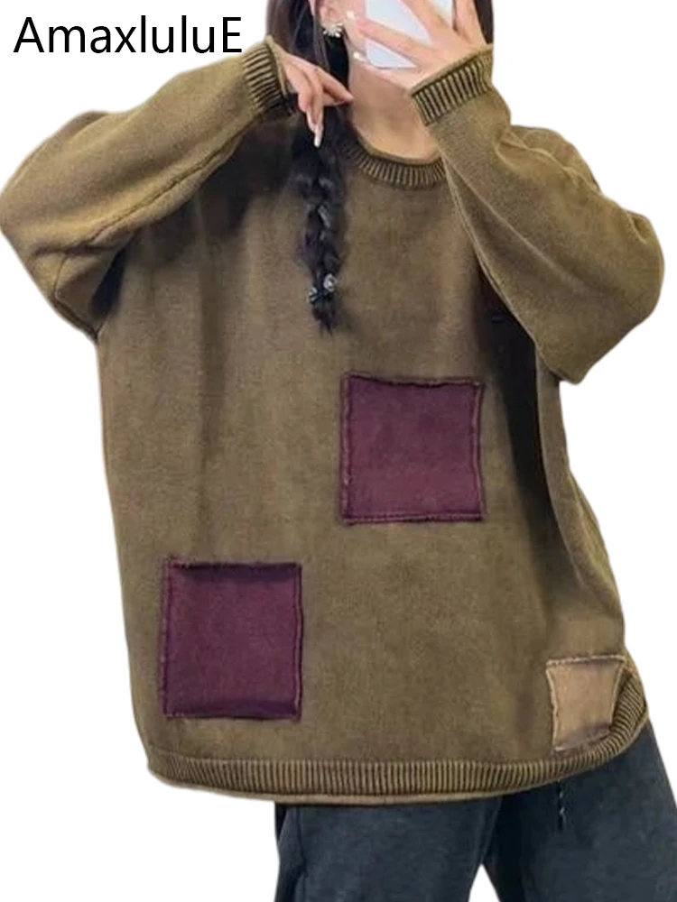 

Amax LuluE Fall Japanese Loose Pullover Women Vintage Classic Patchwork Sweaters Ladies Fashion Punk Leisure Warm Cotton Jumpers
