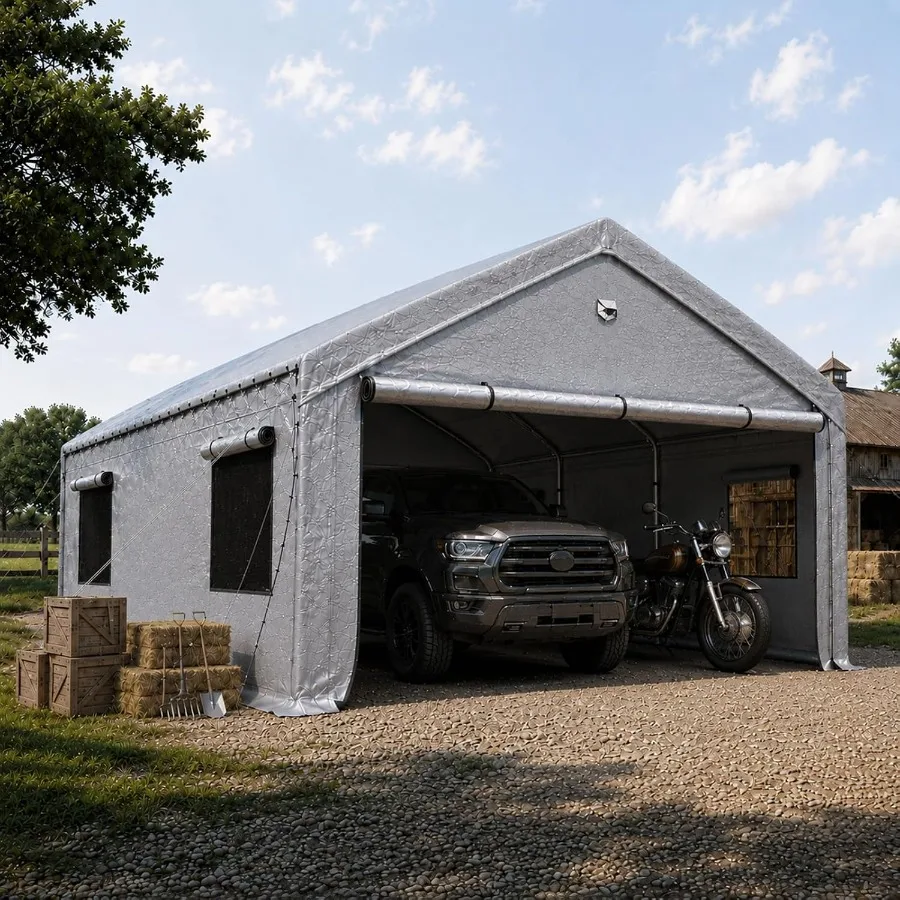 Outdoor Car Shelter: Heavy Duty Portable Carport with Powder Coated Grey Frame, All Weather Canopy with Side Door for Car/Boat/