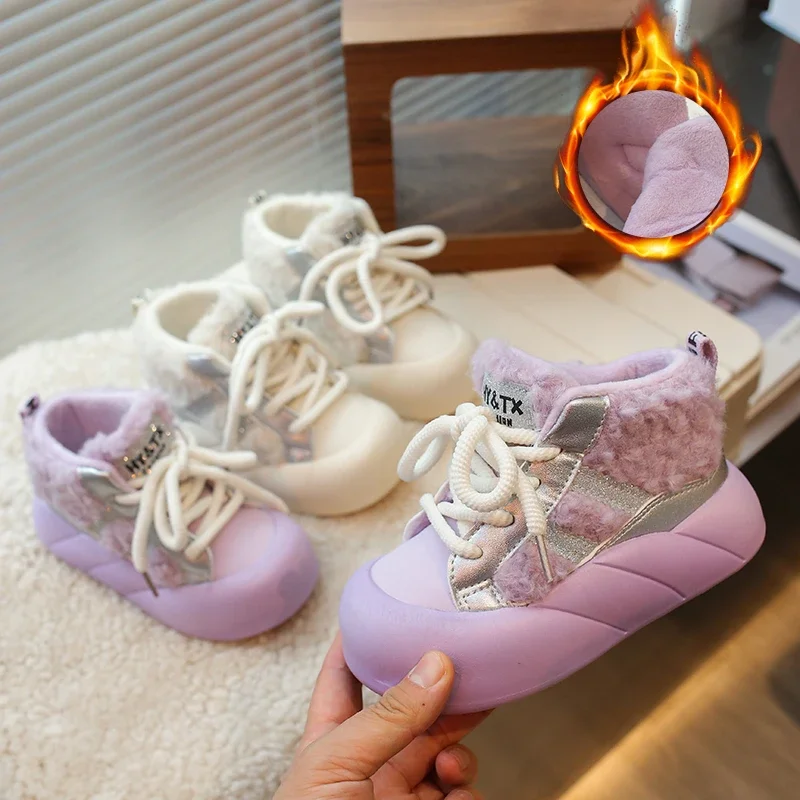 

Winter Girls Short Boots New Plush Warm Fashionable Non-slip Luxury Snow Shoes Kids Snow Boots Cotton Lace Up Shoes Size 21-36