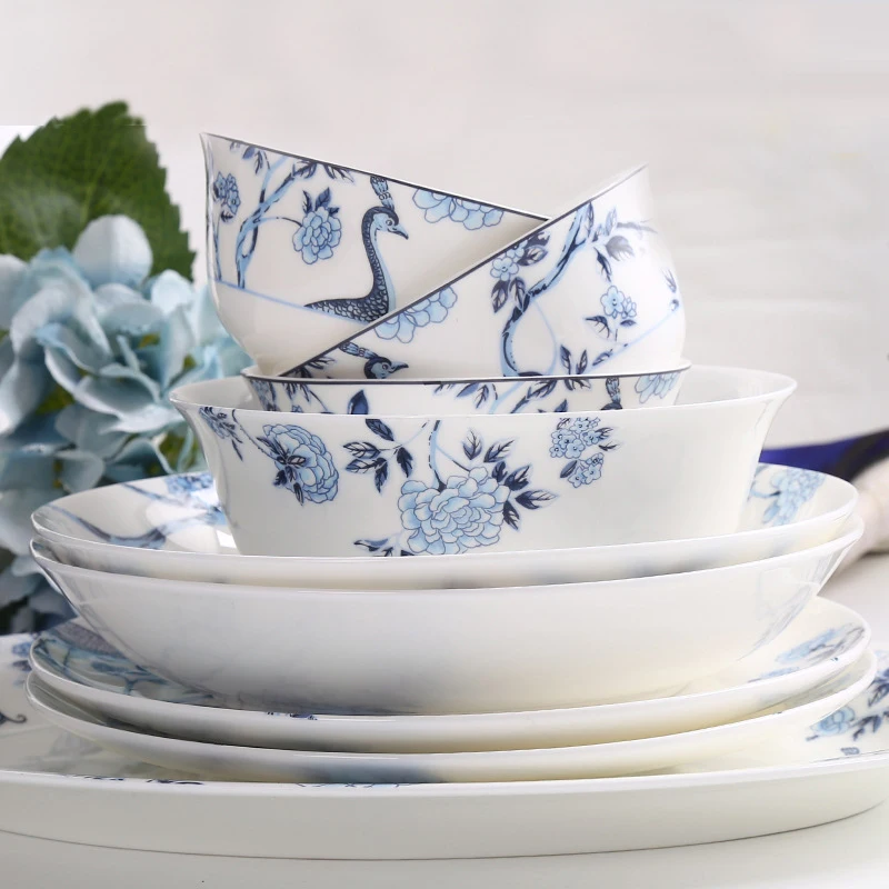 

Chinese Sle Bone China Adult Dinnerware Set round Rice Bowl Soup Bowl Plate Di Combination Simple Ele Daily Use