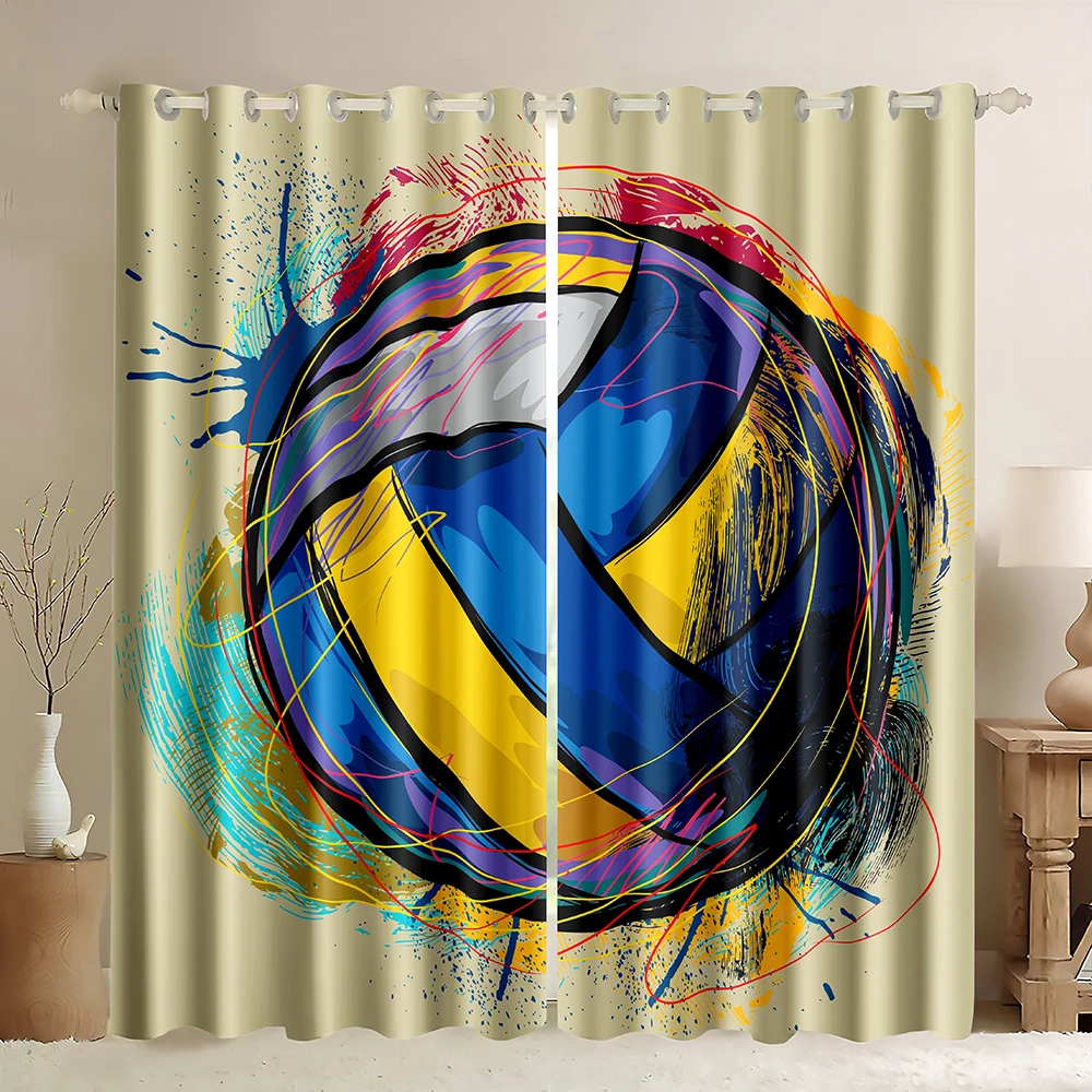 Volleyball Window Curtain,Beach Volleyball Coconut Tree Sunset Neon Colors,Sports Theme Sunset 3D Ball Pattern Blackout Curtain