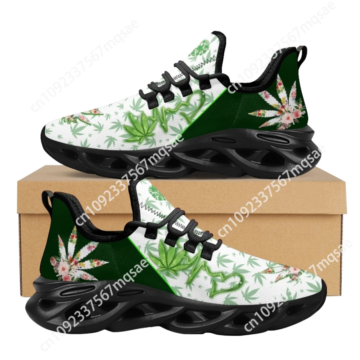 

Custom Green Weed Leaves Print Girls Mesh Sneakers Outdoor Lightweight Platform Shoes Leaves Design Running Shoes for Women