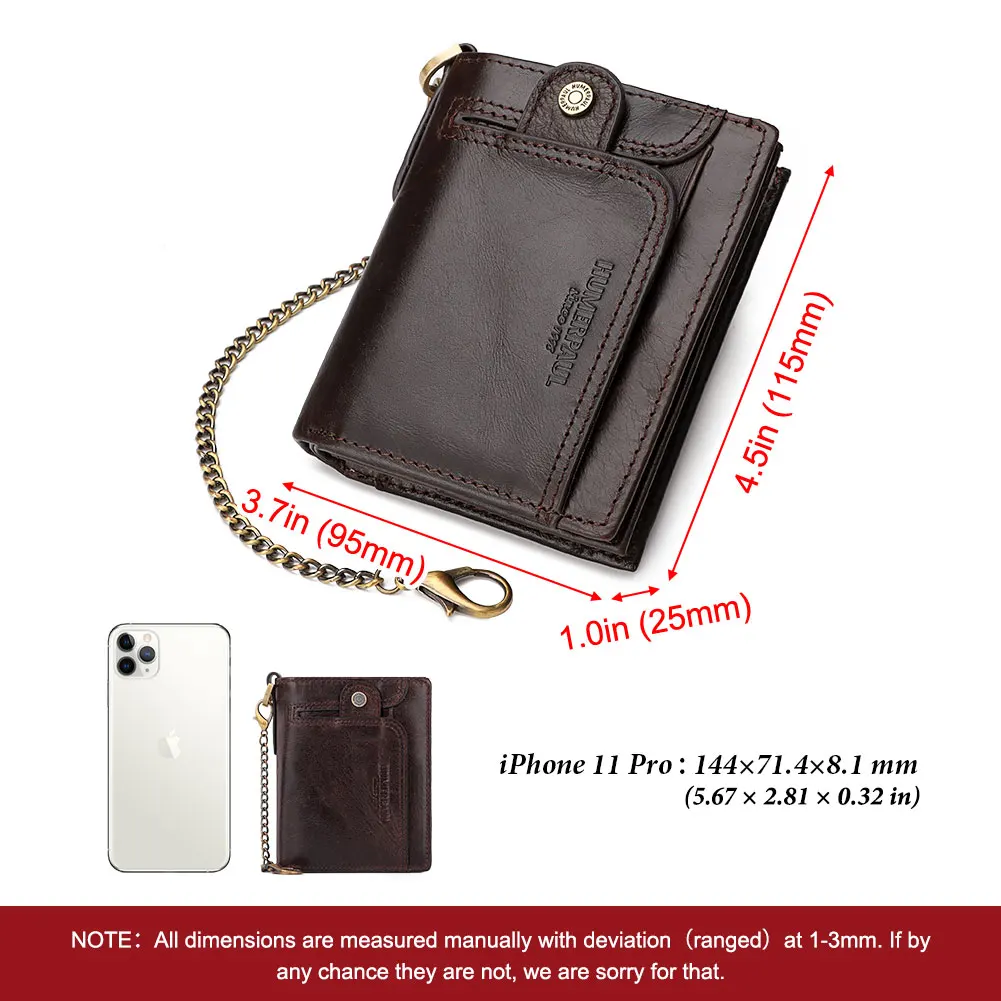 Real Leather Wallet for Men RFID Blocking Credit Card Holder Purse Male Short Bifold Zipper Coin Pocket with Anti-Theft Chain