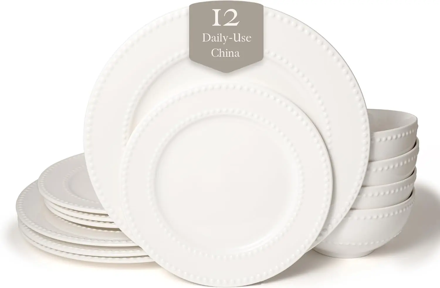 

New Bone China 12 Piece Dinnerware Set, Santorini Collection (Beaded), White, Daily Use China, Embossed Tableware Service for 4