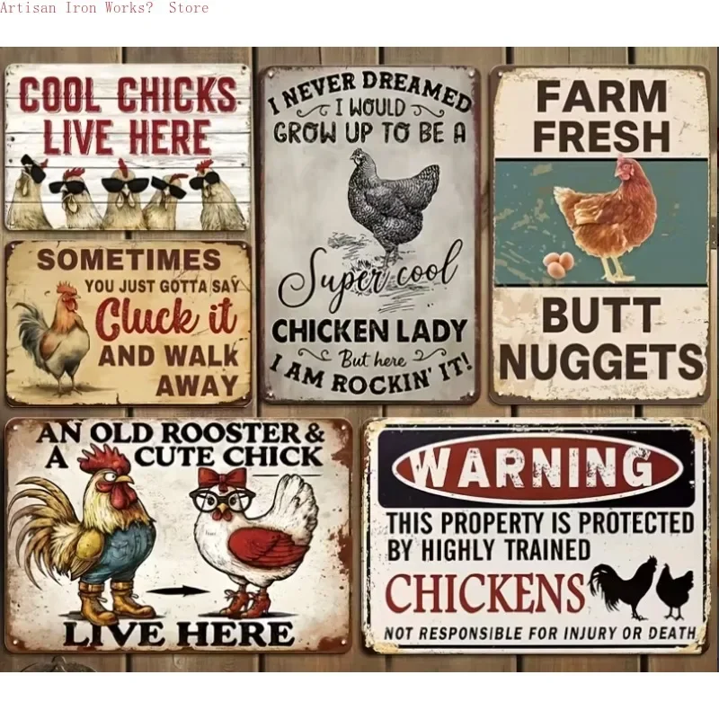 6Pcs Vintage Chicken Coop Metal Signs - Rustic Farmhouse Wall Art with Funny Sayings for Garden, Kitchen & Fence Decor