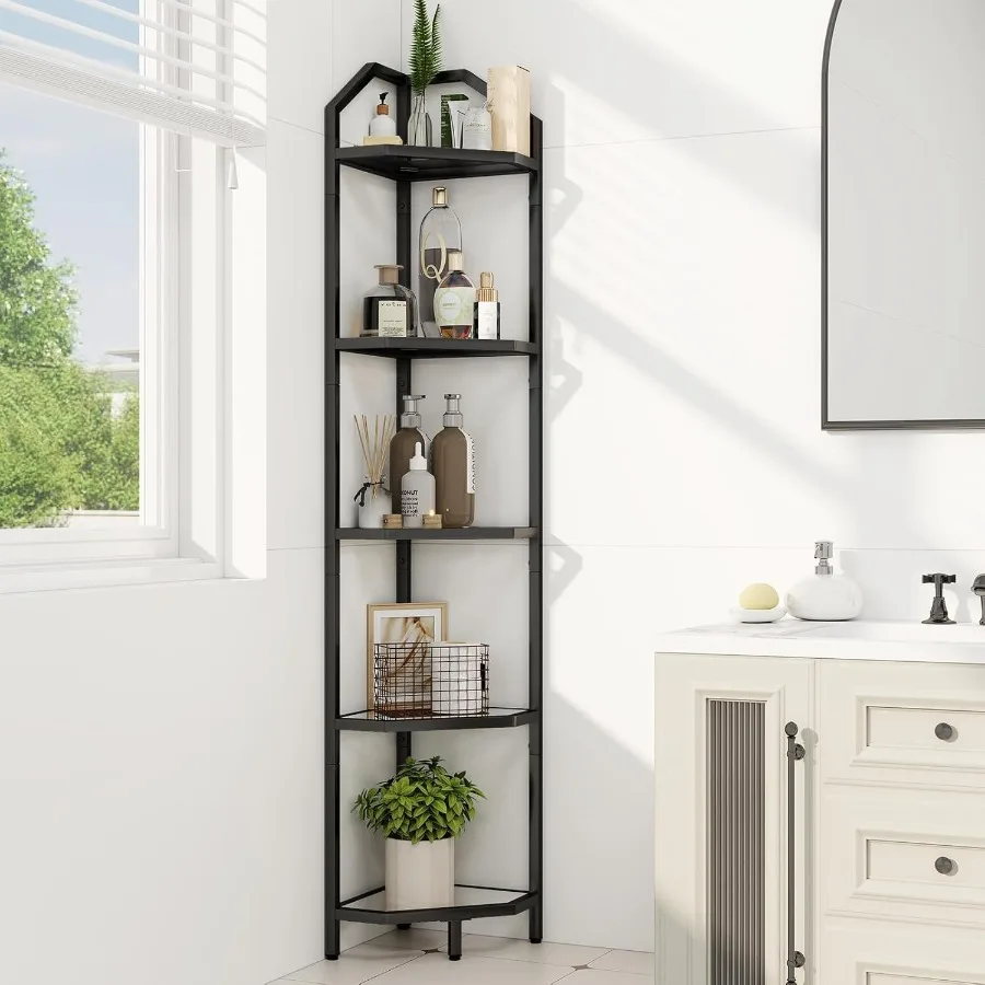 

5 Tier Corner Shelf Stand Metal Corner Shelf with Tempered Glass Trays 66 Storage Rack Plant Stand for Living Room Decor Bedroo