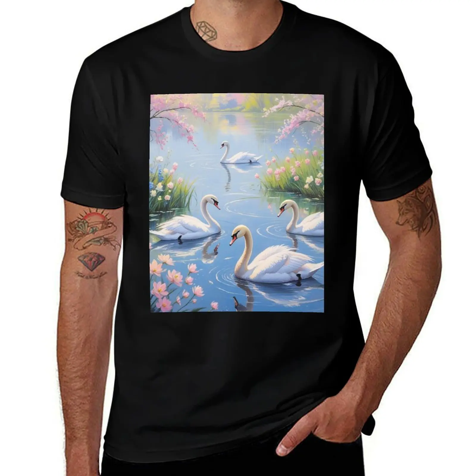 

Pastel Landscape - Park, Swans, Lake 2 T-Shirt clothes anime clothes plus size clothes designer shirts funny t shirts men