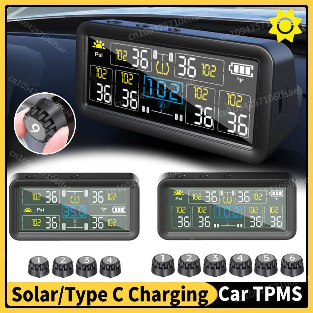 

4-Inch LCD Digital Display Car TPMS Tire Pressure Monitoring System with 4/6 External Sensors USB/Solar TPMS Universal TPMS