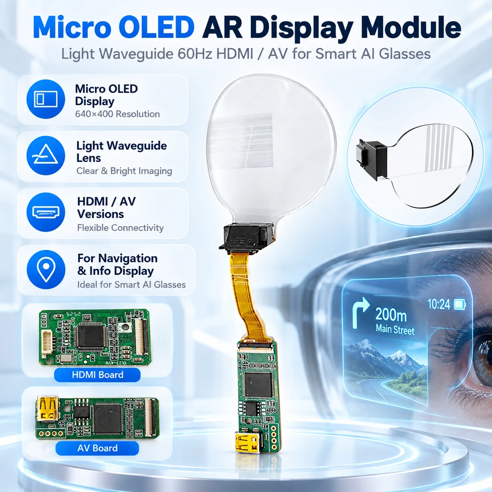 Micro OLED AR Display Modul Lichtwellenleiter 640*480 60Hz HDMI AV für Smart AI Navigation Übersetzung Sportbrillen Info-Anzeige