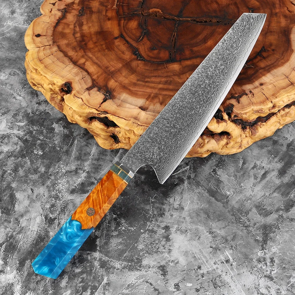 Japanese 8 Inch Kiritsuke Knife Damascus Steel Chef Knife Resin Stabilized Wood Handle Cooking Knife for Meat Vegetable Cutting