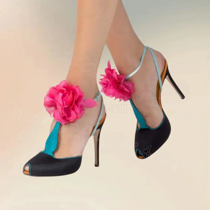 

Rose Red Appliques T Strap Black Peep Toe Pumps Buckle Strap Women Shoes Thin High Heels Party Banquet 2024 Zapatos Para Mujere