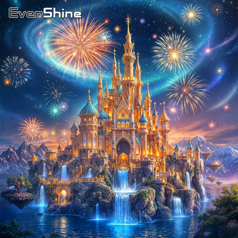 EverShine Diamantmalerei Schloss-Landschaftsbild Strass-Mosaik Wasserfall Vollquadrat-Stickerei Feuerwerk Handgemachtes Hobby