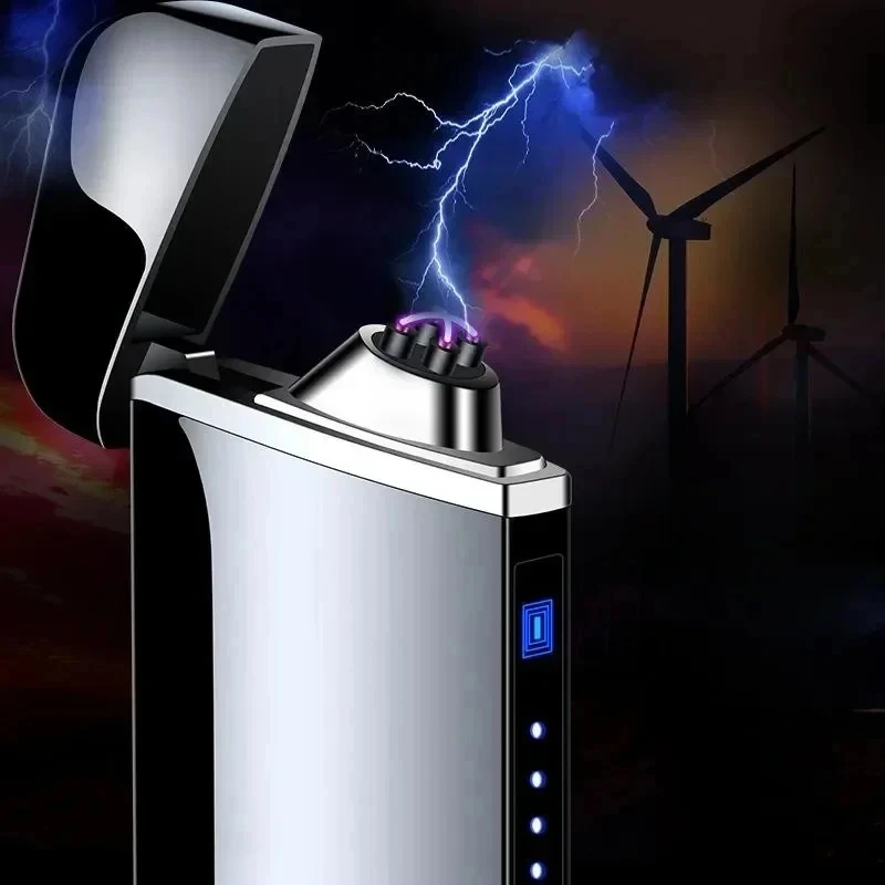 2024 Metal USB Charging Flameless Pulse Plasma Double Arc Lighter Outdoor Windproof LED Power Display Screen Lighter Men's Gifts