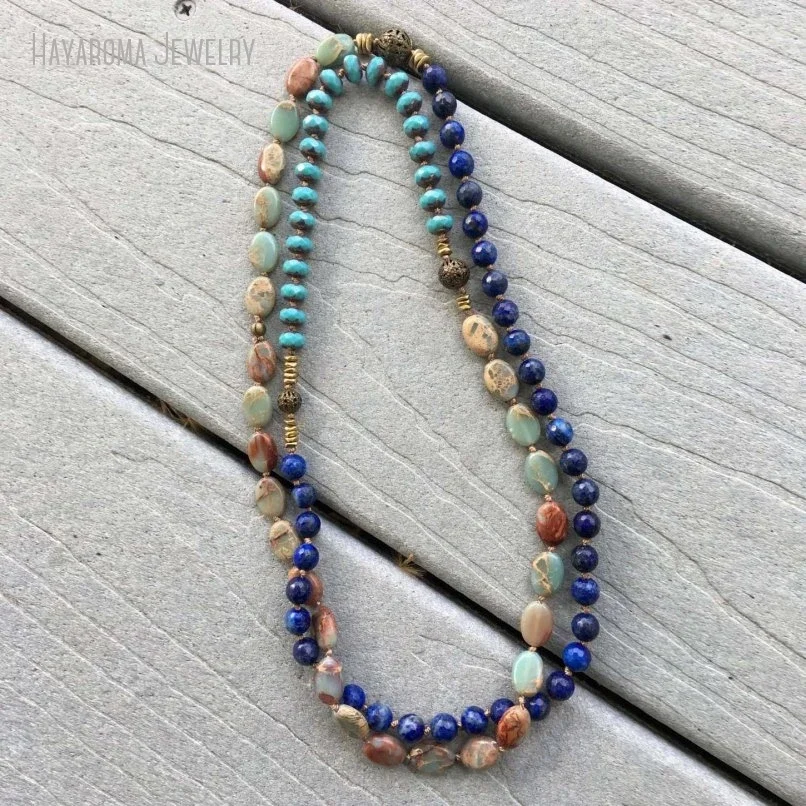 5pcs Bohemian Long Layer Aqua Terra Jasper Lapis Czech Bead Hand Knotted Necklace Y2k Women Hippie Tribal Jewelry