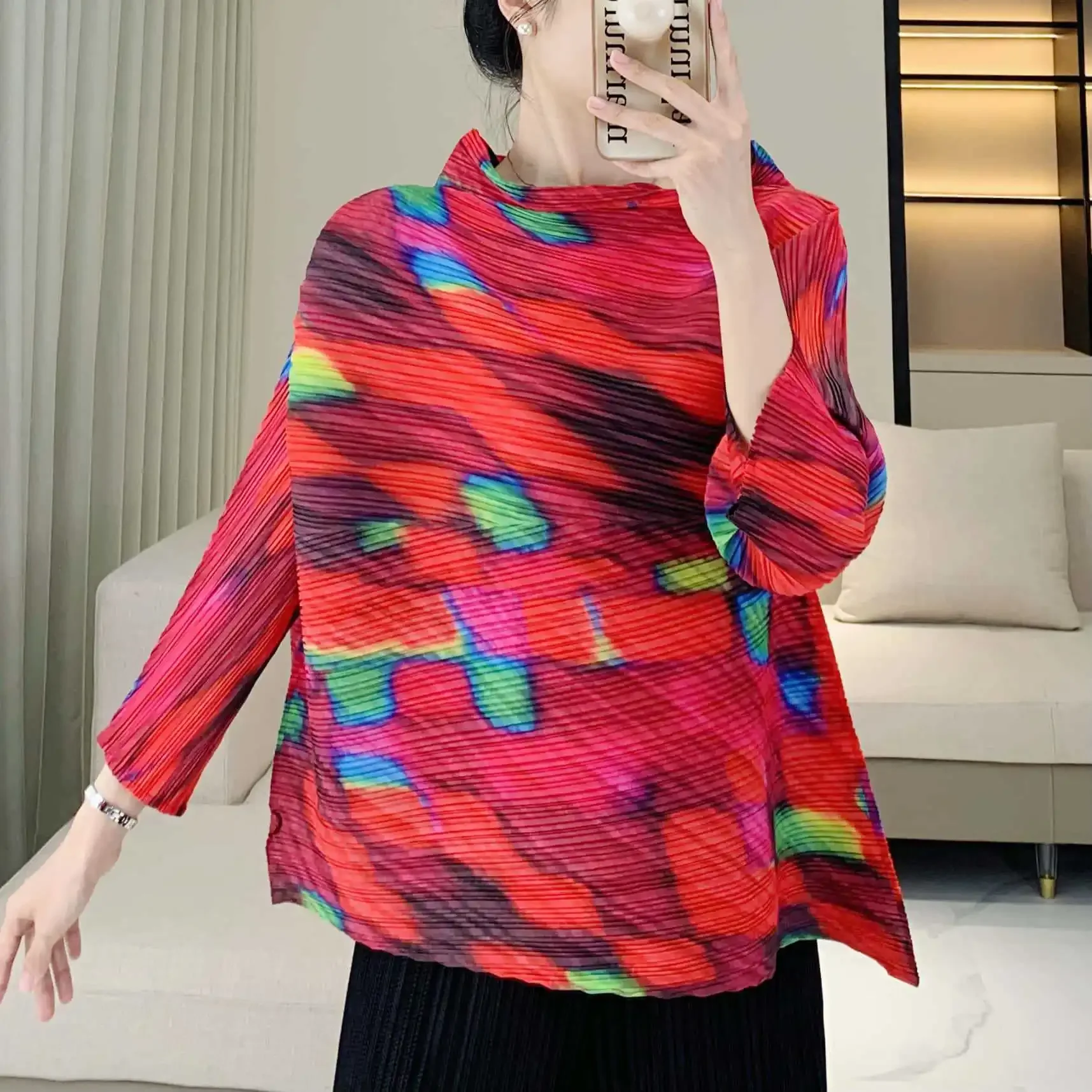 Miyake Pleated Stand Collar National Style Top Irregular Design Loose Comfortable Elegant 2024 Autumn New Women's Clothing