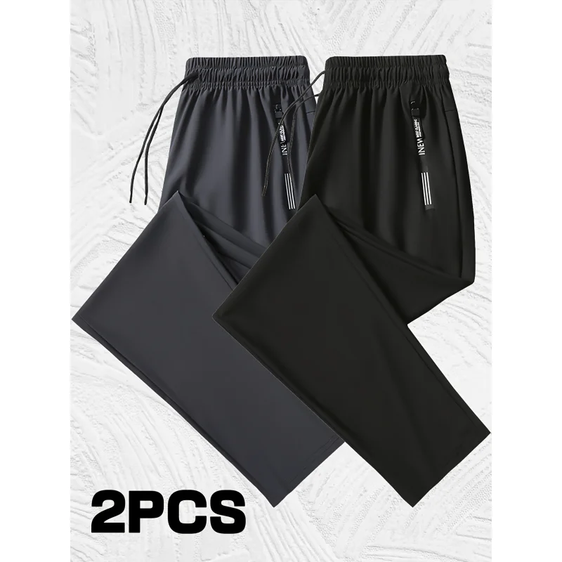 2 Pieces Men's Quick-drying Breathable Sweatpants High Elastic Nylon-Spandex Fabric Straight Gym Running Pants Man Trousers