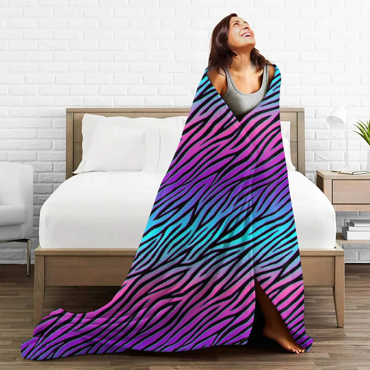 Zebra Skin Colorful Pattern Animal Blanket Fleece Decoration Multifunction Warm Throw Blanket for Bed Couch Bedding Throws