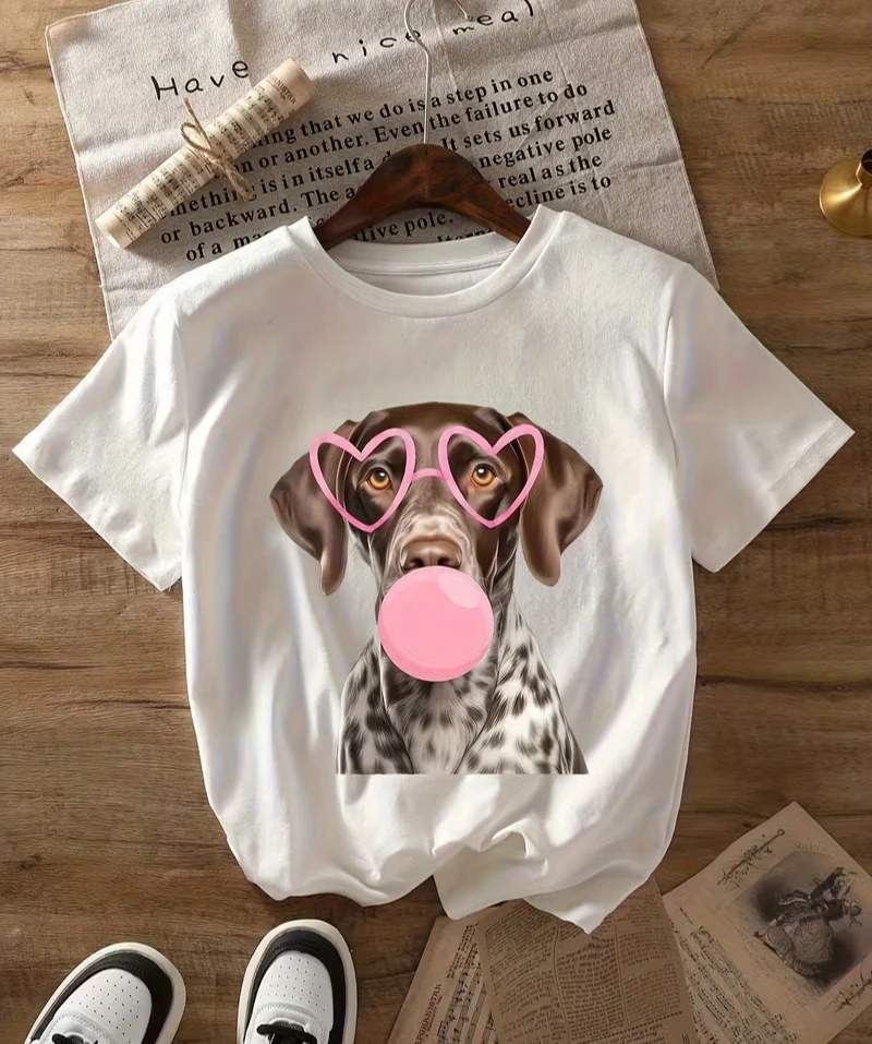 Playful Dalmatian Bubble Gum Print T-shirt Funny Heart Sunglasses Graphic Short Sleeve Tops Men Women Streetwear Daily Wear Tee