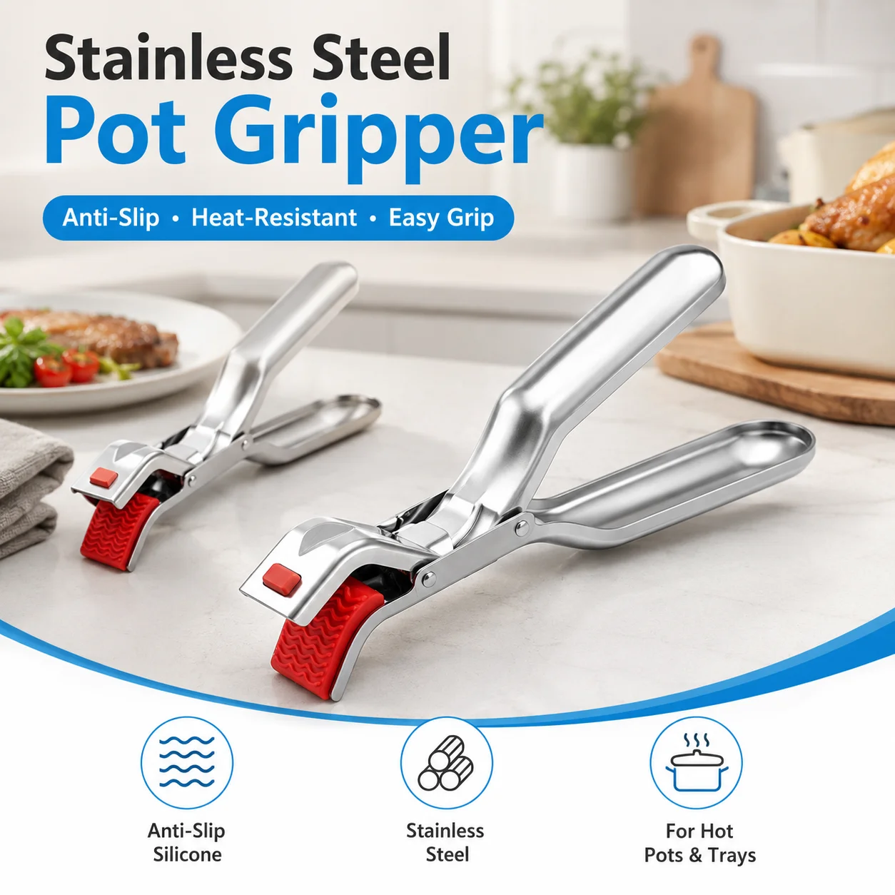 1P Anti Scald Bowl Clip Non Slip Hot Dish Plate Holder Stainless Steel Pot Gripper Kitchen Clamp For Cooking Baking Serving Tool