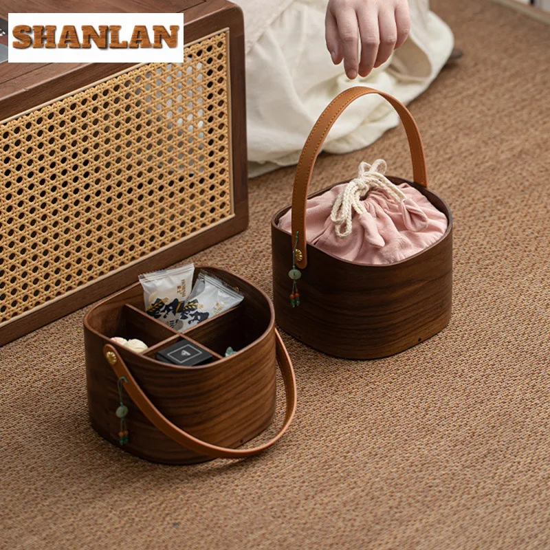 

Zen Walnut Wood Flower Basket Tea Set Storage Bag Portable Teaware Bag Retro Storage Bag Outdoor Travel Bag Dessert Candy Dish