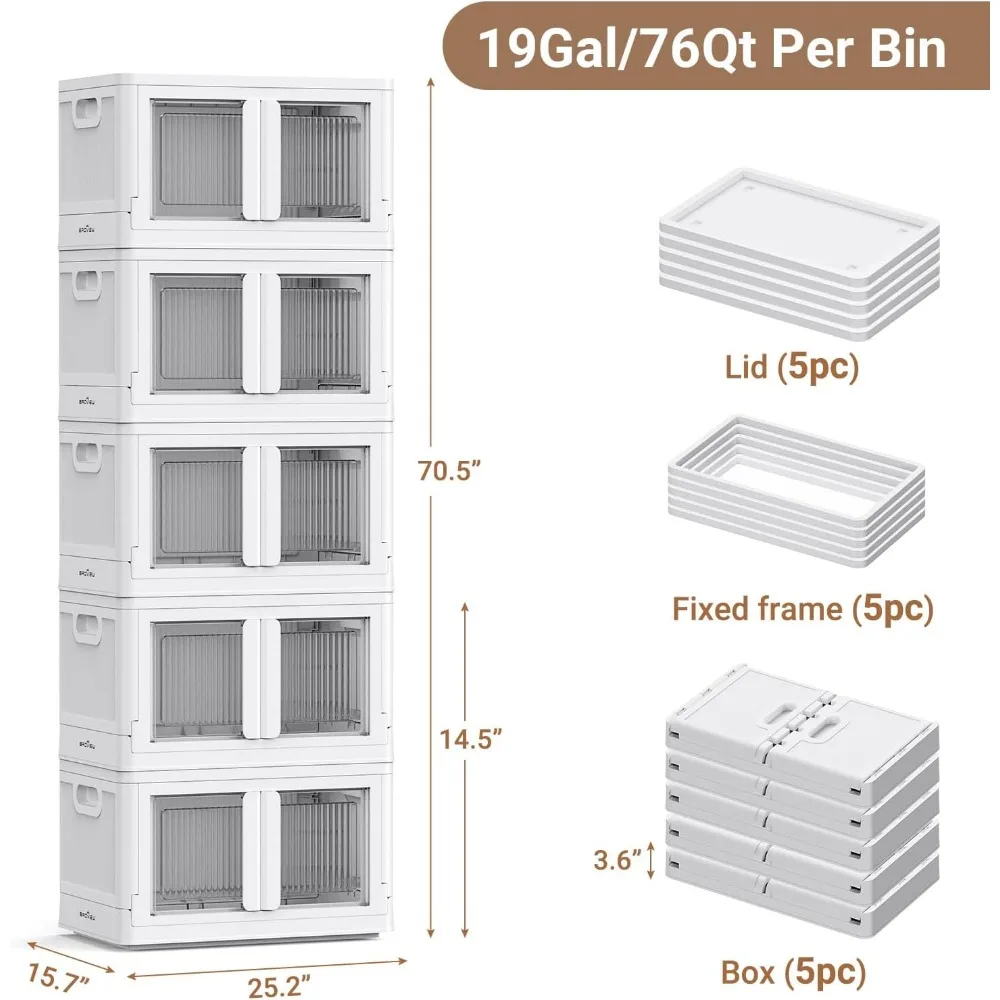 V6 Stackable Storage Bins with Lids, 19Gal Closet Organizers and Storage, Collapsible Plastic Storage Bins with Wheels