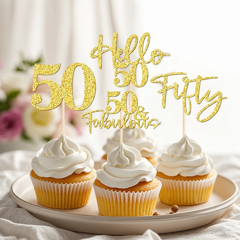 NUBECOM 24 Stück Geburtstagstorte Dekoration Glitzer 50 Cupcake Topper für Hallo 50 Hochzeitstag Party Kuchen Dekor Zubehör – Detail 11