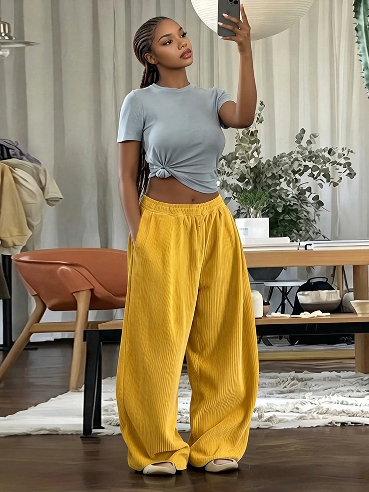 Weird Puss Lässige, bequeme lange Hose für Damen, Herbsttrend, elastische, hochtaillierte, einfarbige, schlichte, Oversize-Style, klassische Streetwear – Detail 16