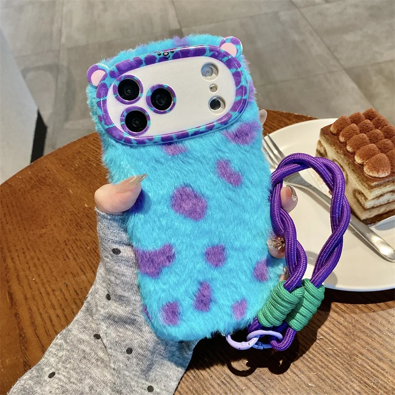 Capa de Celular de Pelúcia com Estampa de Leopardo da Moda para iPhone 17 16 15 14 13 12 11 Pro Max com Alça de Pulso e Suporte de Lente, Capa Antichoque