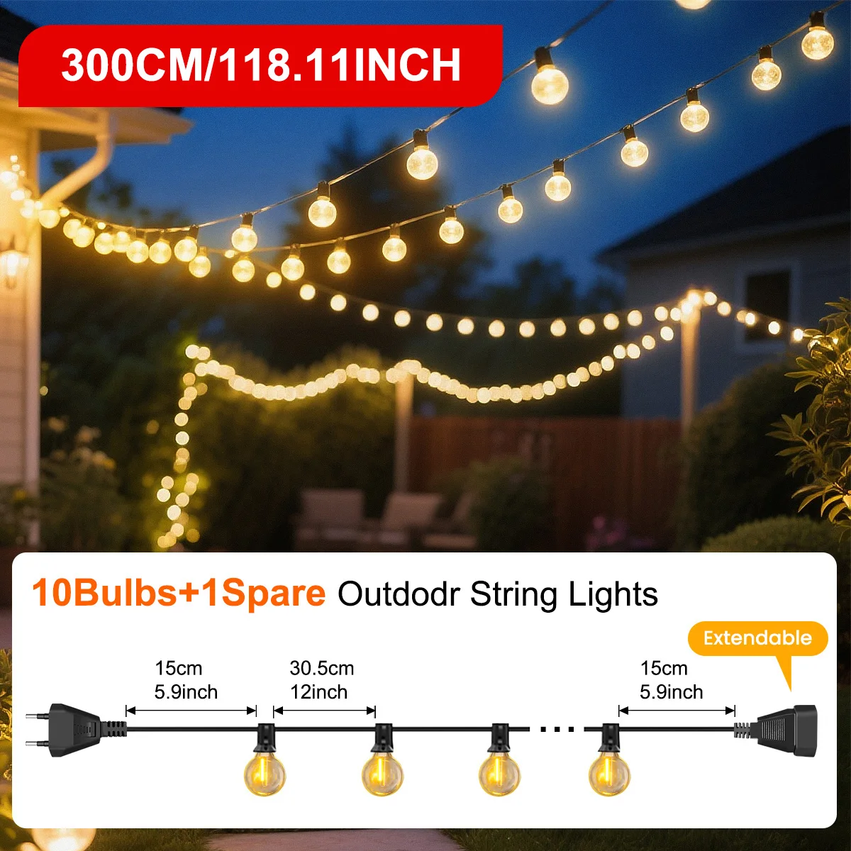 30M/15M G40 LED Globe Lichtslingers Buiten met EU-stekker, waterdichte aaneenschakelbare hanglamp voor feesttuinbalkon