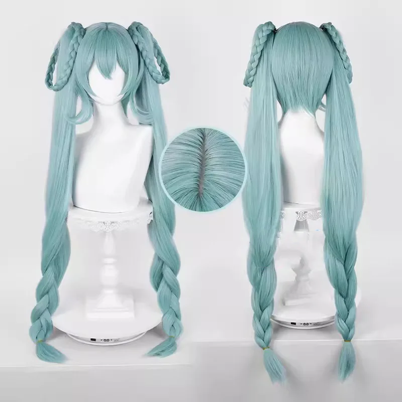 Anime Mikuu Flowers Cosplay Wig 96cm Long Braided Ponytails Mixed Green Hair Straight Pigtail Virtual Idol Vtuber Headwear