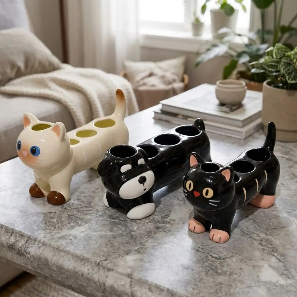 Cat Dog Shape Ceramic Toothbrush Holder 4 Holes Waterproof Electric Toothbrush Stand Whimsical Cartoon Toothbrush Storage Rack