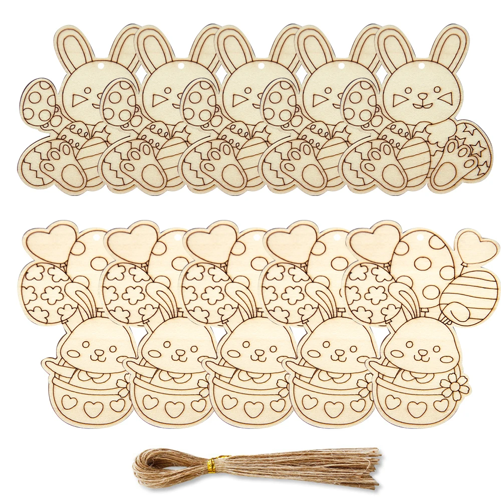 10pcs Wooden Rabbit Pendants Easter Egg Hanging Ornament For Happy Easter Home Party Decoration Kids DIY Painting Gifts Supply