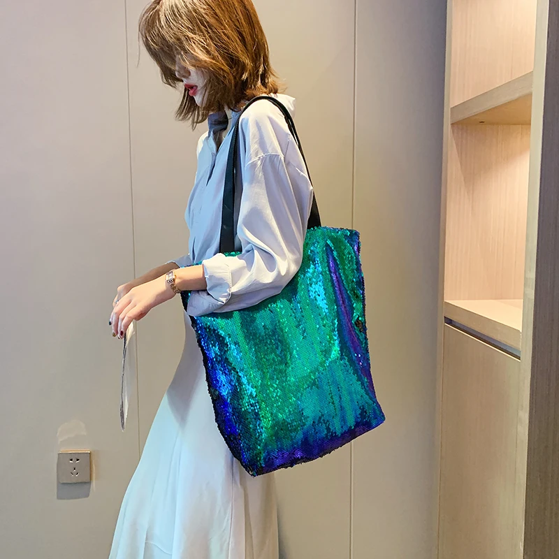 

Сумка-тоут iny с блестками, большая сумка Capaci, модная сумка через плечо, персонализированная сумка, простая яркая сумка, нейлоновый материал, молния...