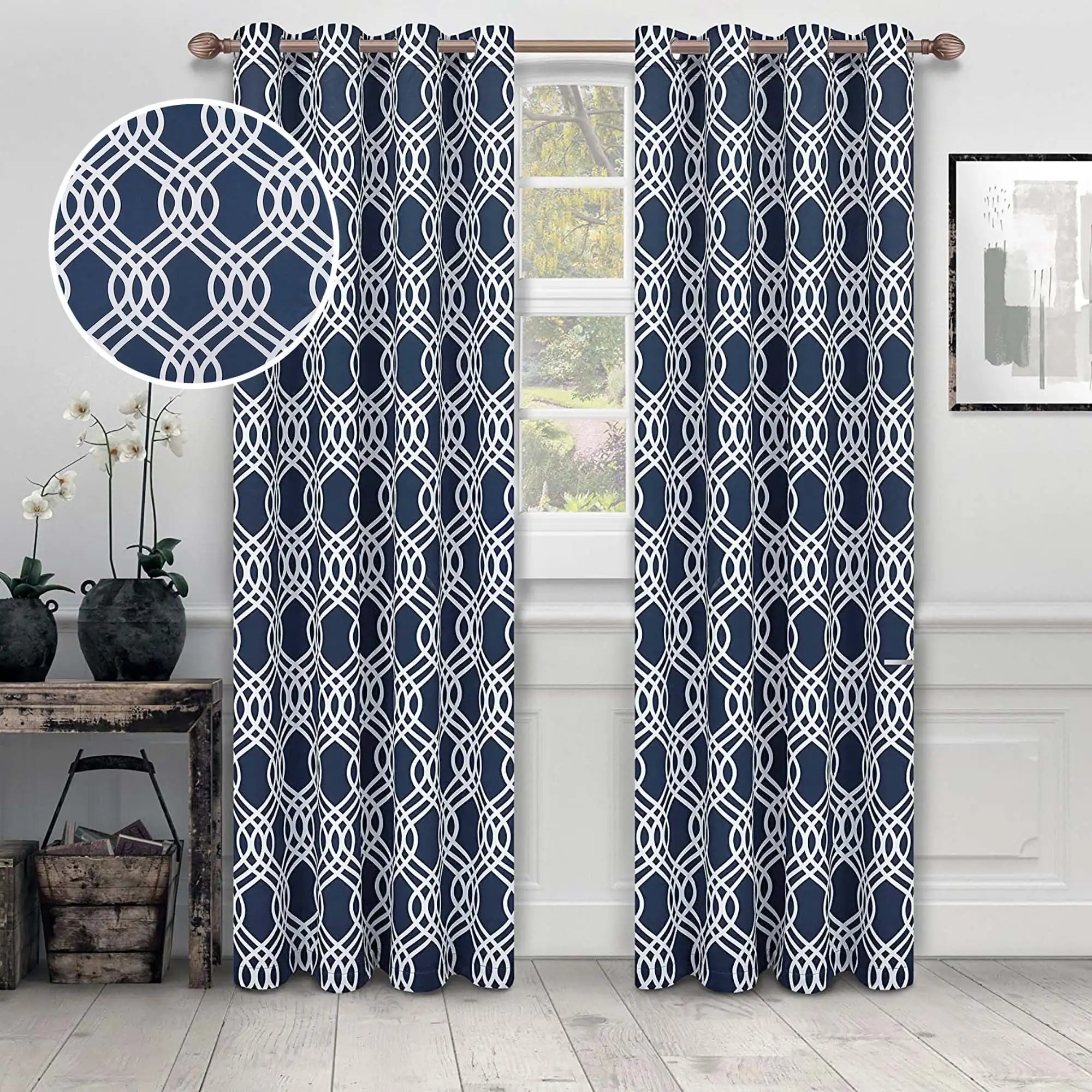 

Ribbon Blackout Curtains, Grommet Header, Set of 2, 52 X 96, Navy Blue