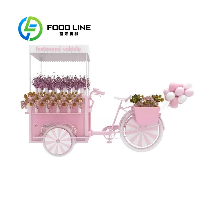 

Индивидуальная грунтовая мобильная трехколесная тележка для закусок, железная художественная цветочная тележка для рынка, рекламная деятельность