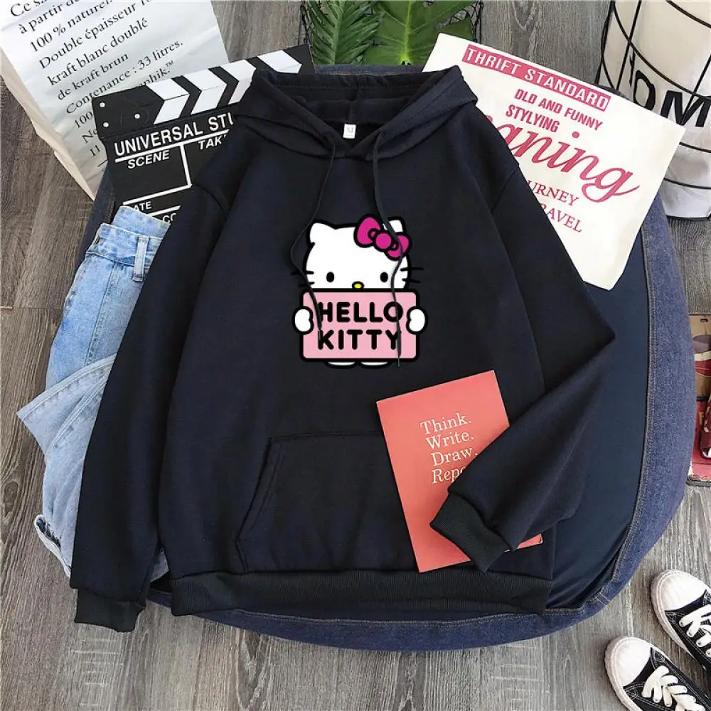 Sanrioed Hello Kitty Hooded Hoodie Kawaii Anime Spring Winter Couple Outfit Long Sleeve Tops Cotton Harajuku Loose Cute